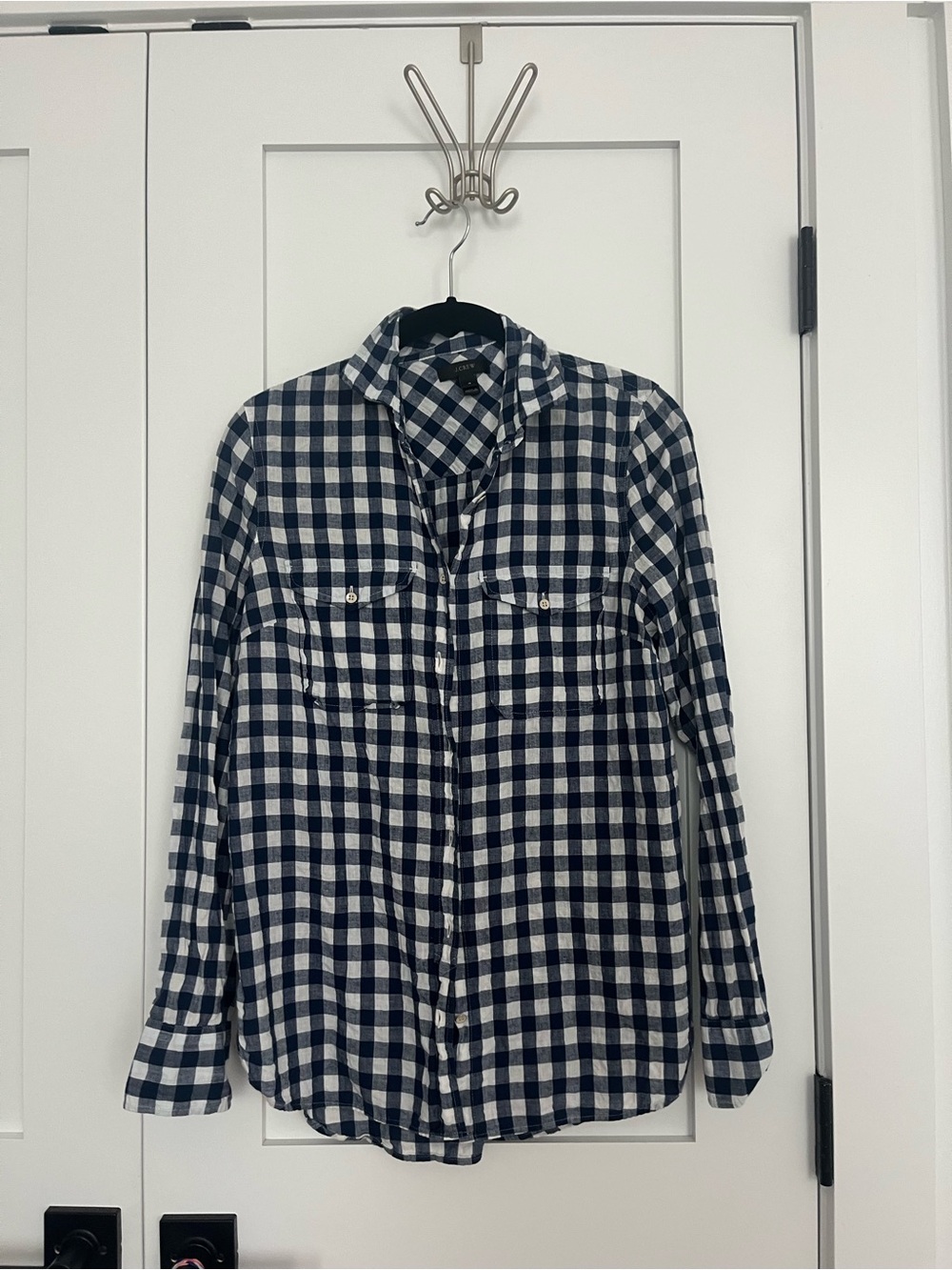 Women’s J. Crew Navy and White Check Long-Sleeve Shirt